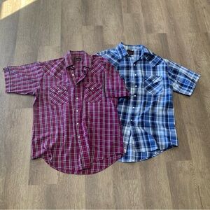 Lot of 2 Plains Short Sleeve Plaid Pearl Snap Western Shirts Sz Medium Red Blue
